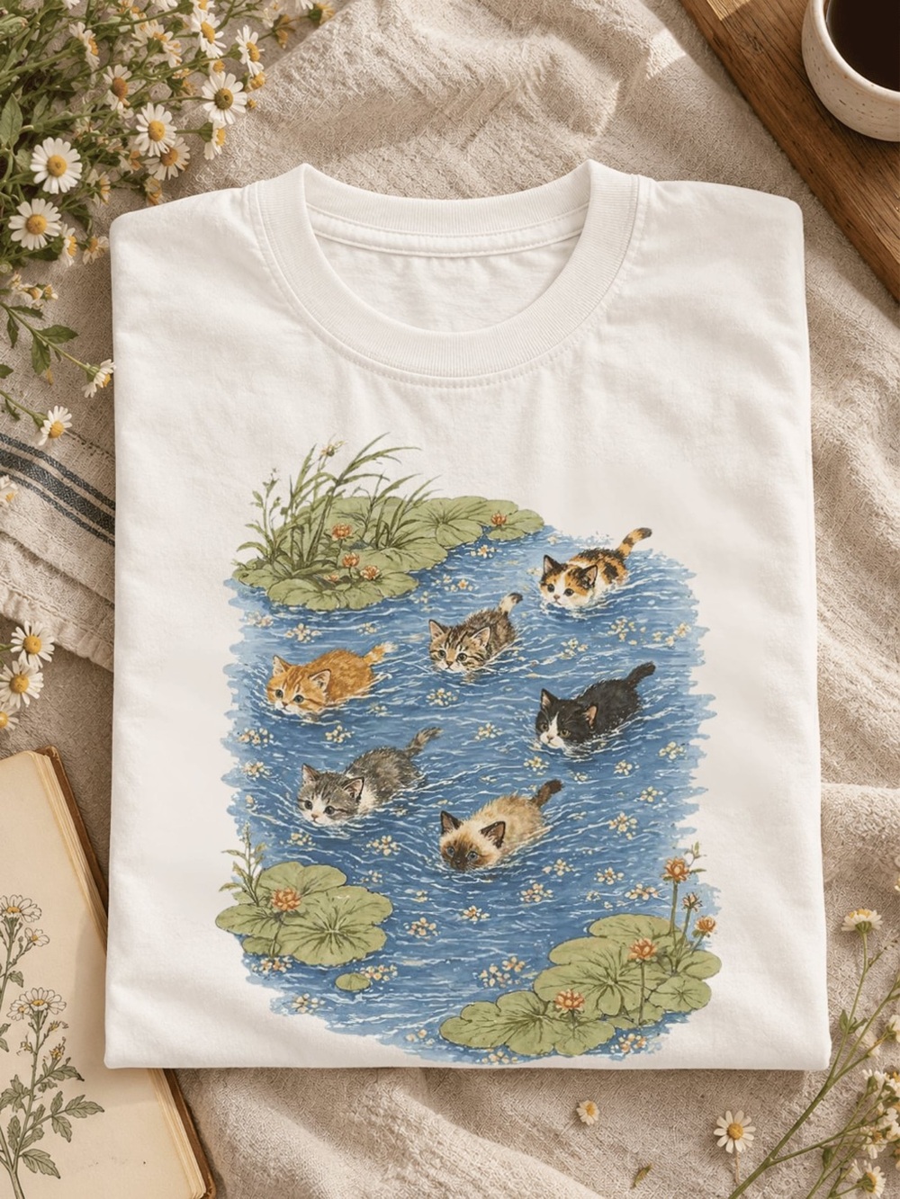 Swimming Cats Shirt, Funny Cat Pond Tee, Cute Cottagecore Kitten T-Shirt
